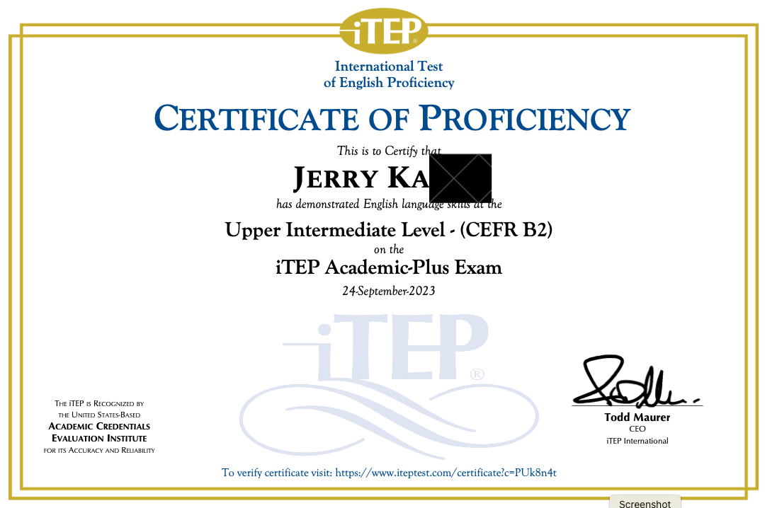iTEP Test certificate with CEFR level