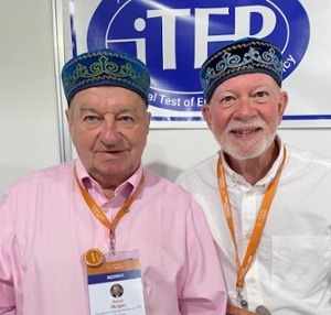 Kevin and Randy wearing russian hats at the wystc conference in lisbon